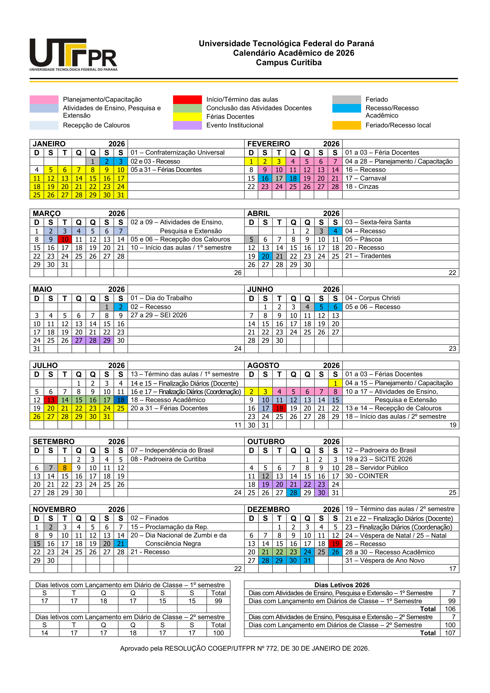 Calendário Acadêmico de 2026